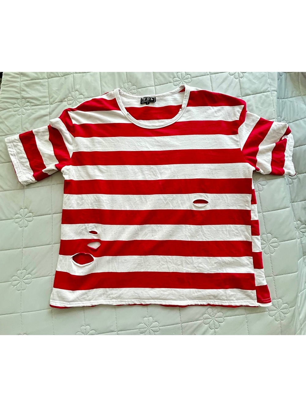 Red and White Striped Distressed Long Crop Tee Sz Small